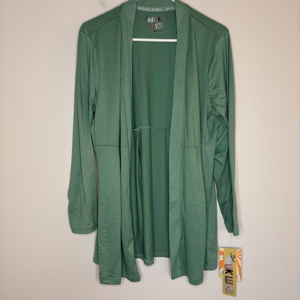 MUK LUKS NEW Cloud Knit Cardigan Women Petite M Green Stretch Lightweight Drapey